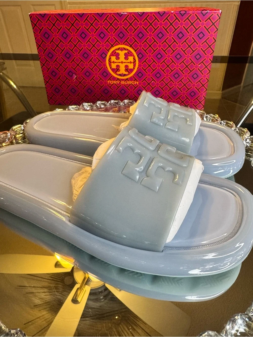 Tory Burch Women's Bubble Jelly SlidesIn Blue. Size  10